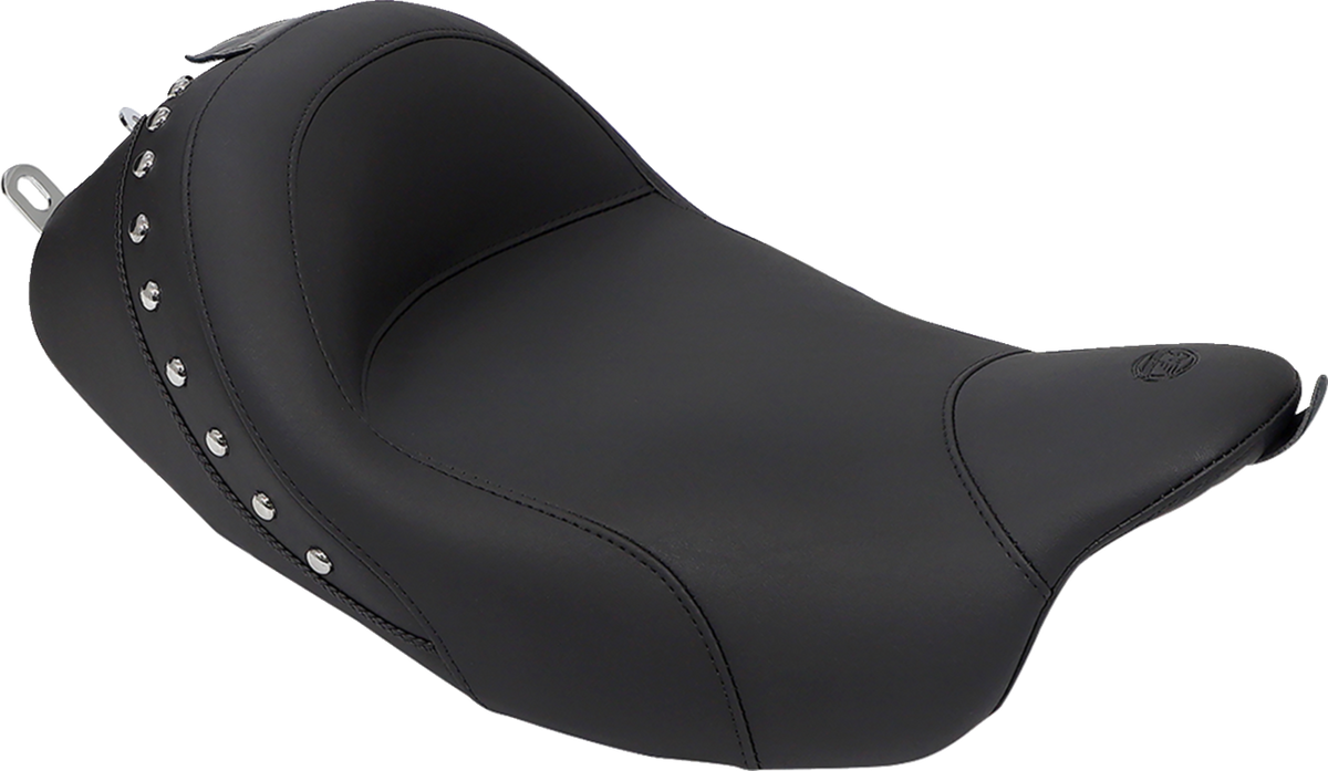 Mustang Wide Solo Seat - With Backrest - Black - Studded W/ Concho - FLH/FLT '08-'25