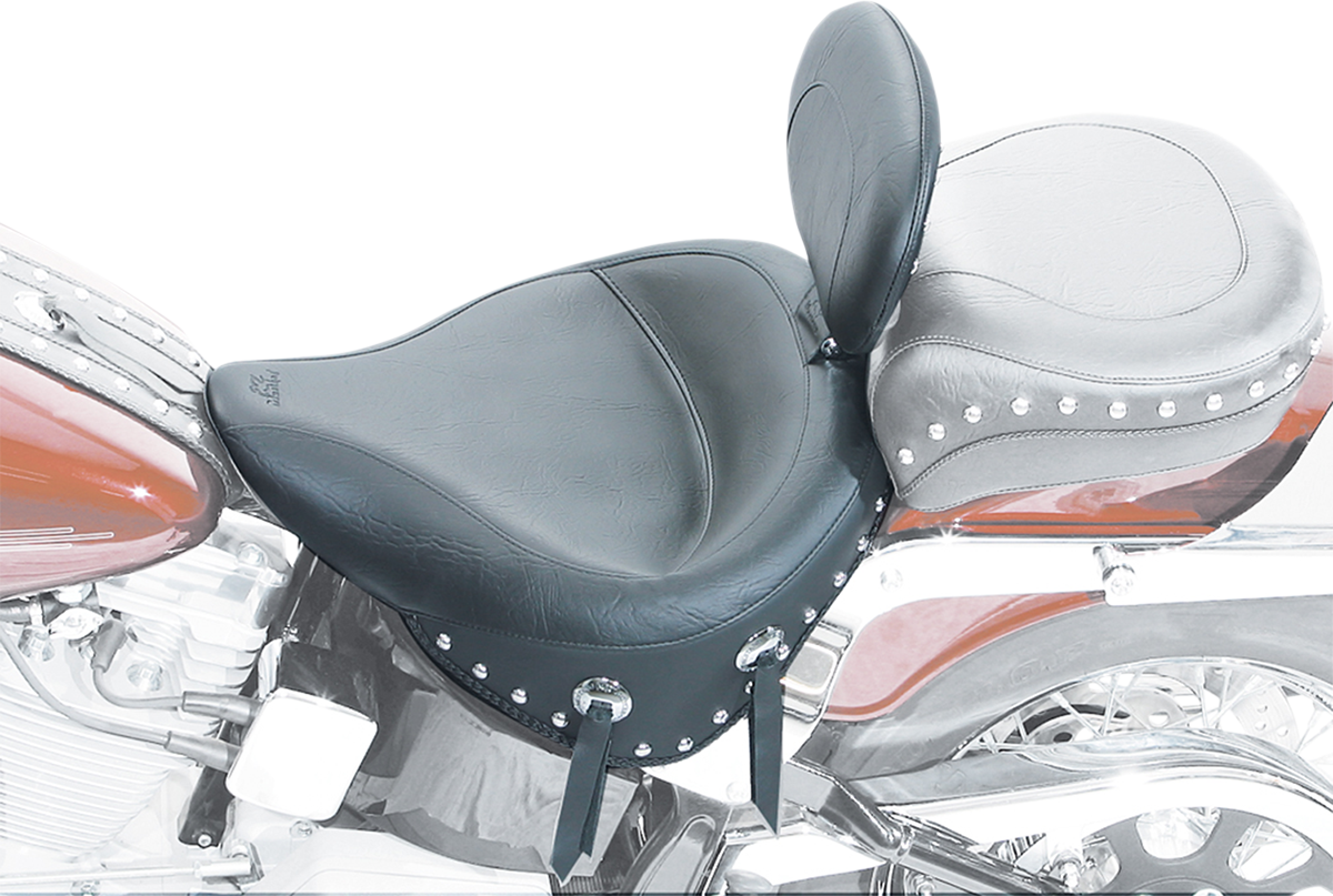 Mustang Wide Solo Seat - With Backrest - Black - Studded W/ Concho - Softail '84-'99