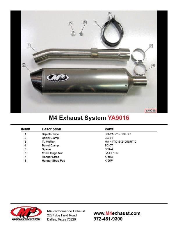 M4 Exhaust YA9016 Component Key