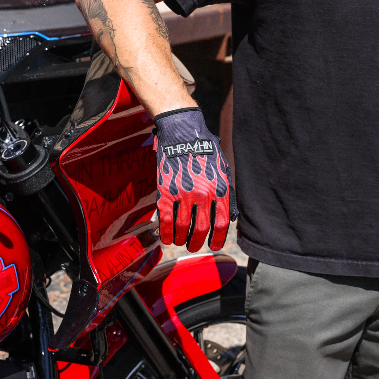 Thrashin Supply CO. Stealth Leather Palm Flame Gloves