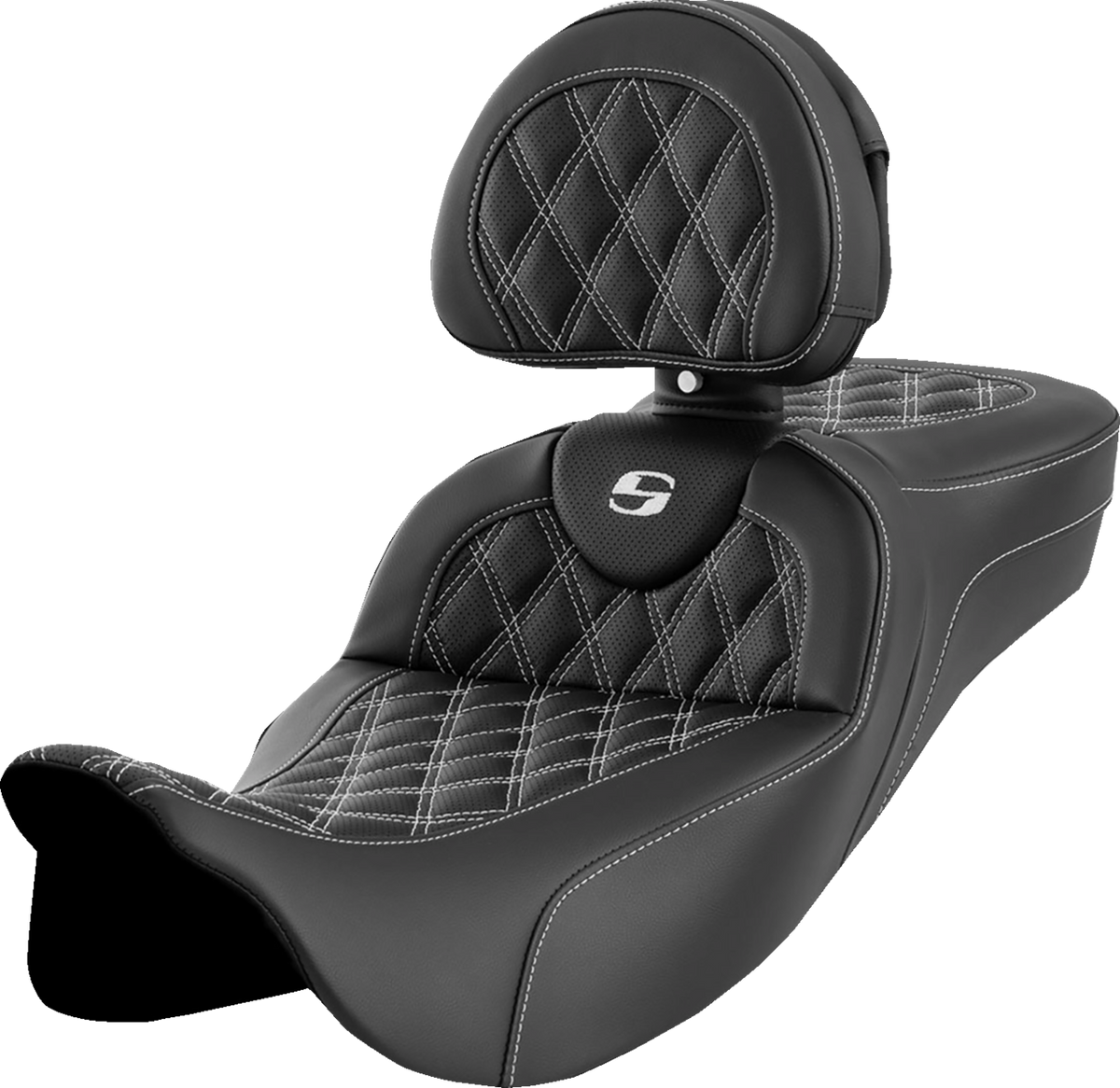 Saddlemen Roadsofa™ Extended Reach Seat - Lattice Stitch - White Stitch - With Backrest - FL '08-'24
