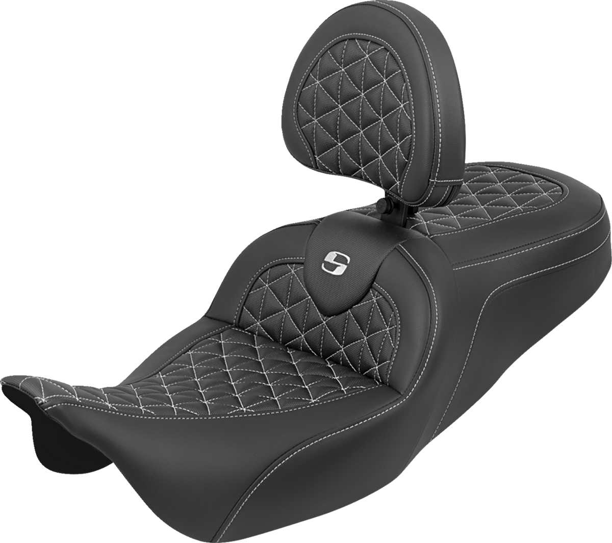 Saddlemen RoadSofa™ Tri Gripper Seat - Standard Reach - White Stitch - W/ Backrest - FLH/FLT '08-'25