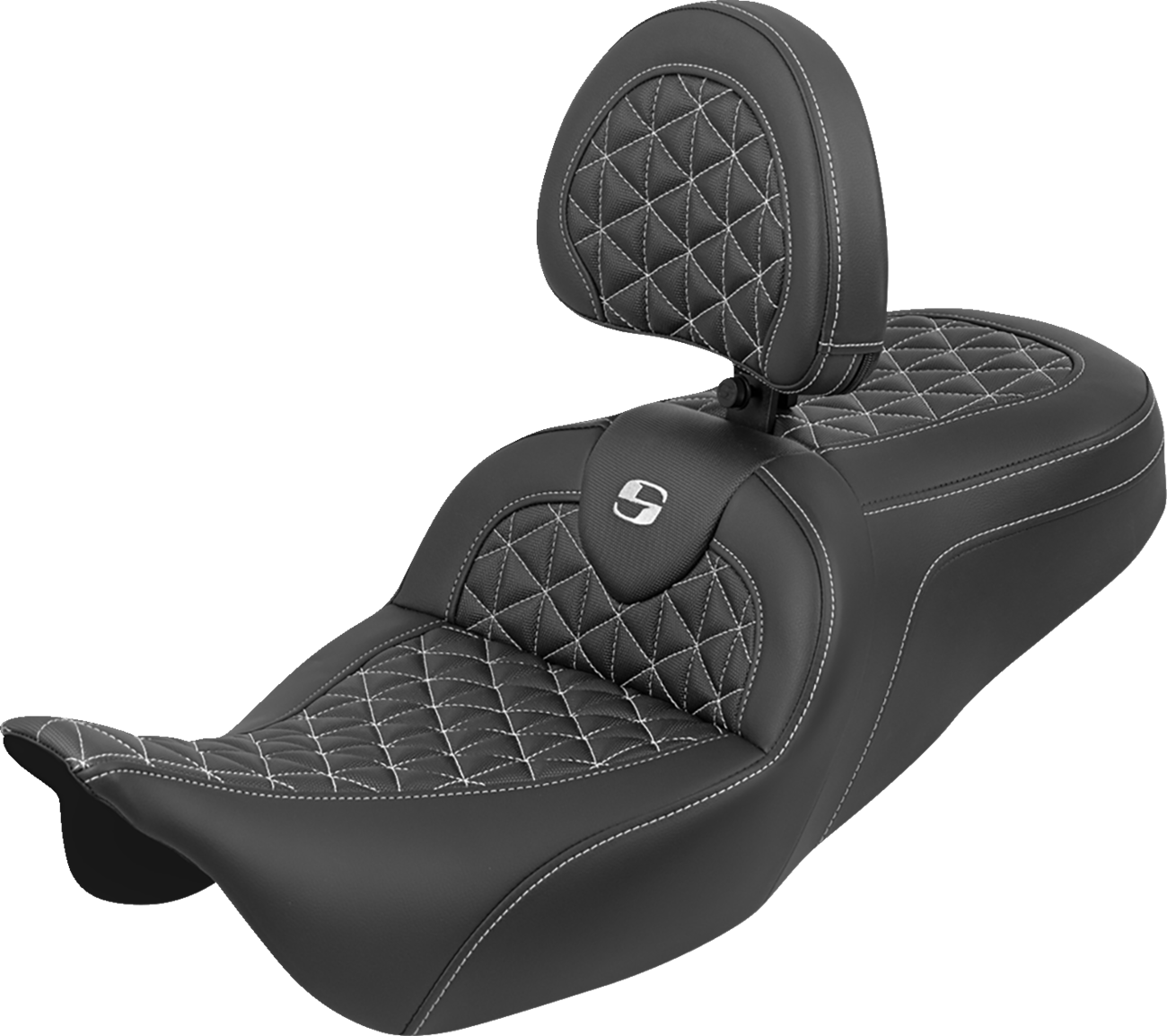Saddlemen RoadSofa™ Tri Gripper Seat - Standard Reach - White Stitch - W/ Backrest - FLH/FLT '08-'25