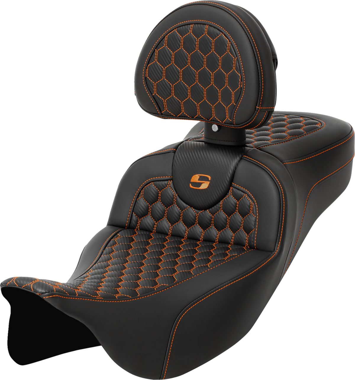 Saddlemen RoadSofa™ Seat - Honeycomb - Orange Stitch - With Backrest - Extended Reach - FLH/FLT '08-'24