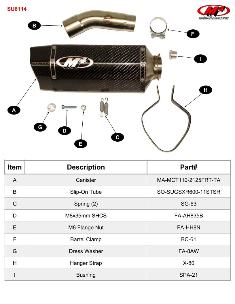 M4 Exhaust SU6114 Component Key