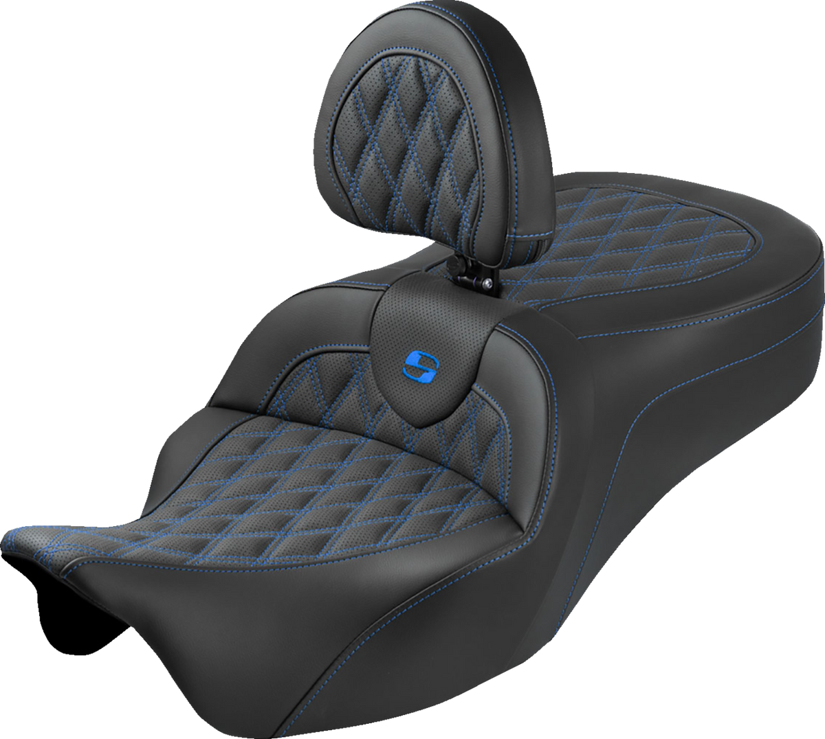 Saddlemen Roadsofa™ King Seat - With Backrest - Lattice Stitch - Blue Stitch - FLH/FLT '08-'25