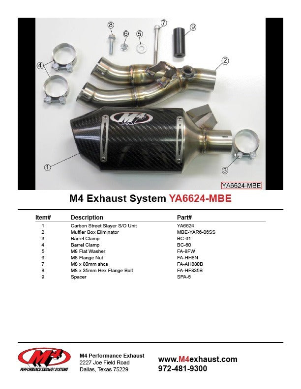 M4 Exhaust YA6624-MBE Component Key