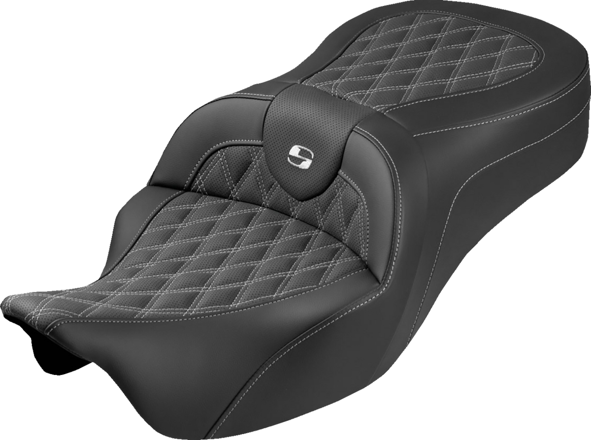 Saddlemen Roadsofa™ King Seat - No Backrest - Lattice Stitch - White Stitch - FLH/FLT '08-'25