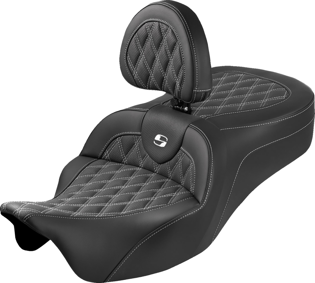 Saddlemen Roadsofa™ King Seat - With Backrest - Lattice Stitch - White Stitch - FLH/FLT '08-'25