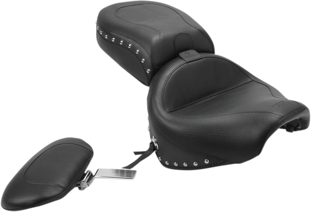 Mustang Seat - Wide Touring - With Driver Backrest - Two-Piece - Chrome Studded - Black W/Conchos