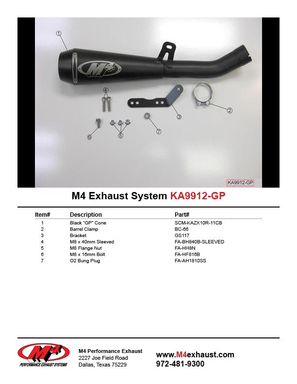 M4 Exhaust KA9912-GP Component Key