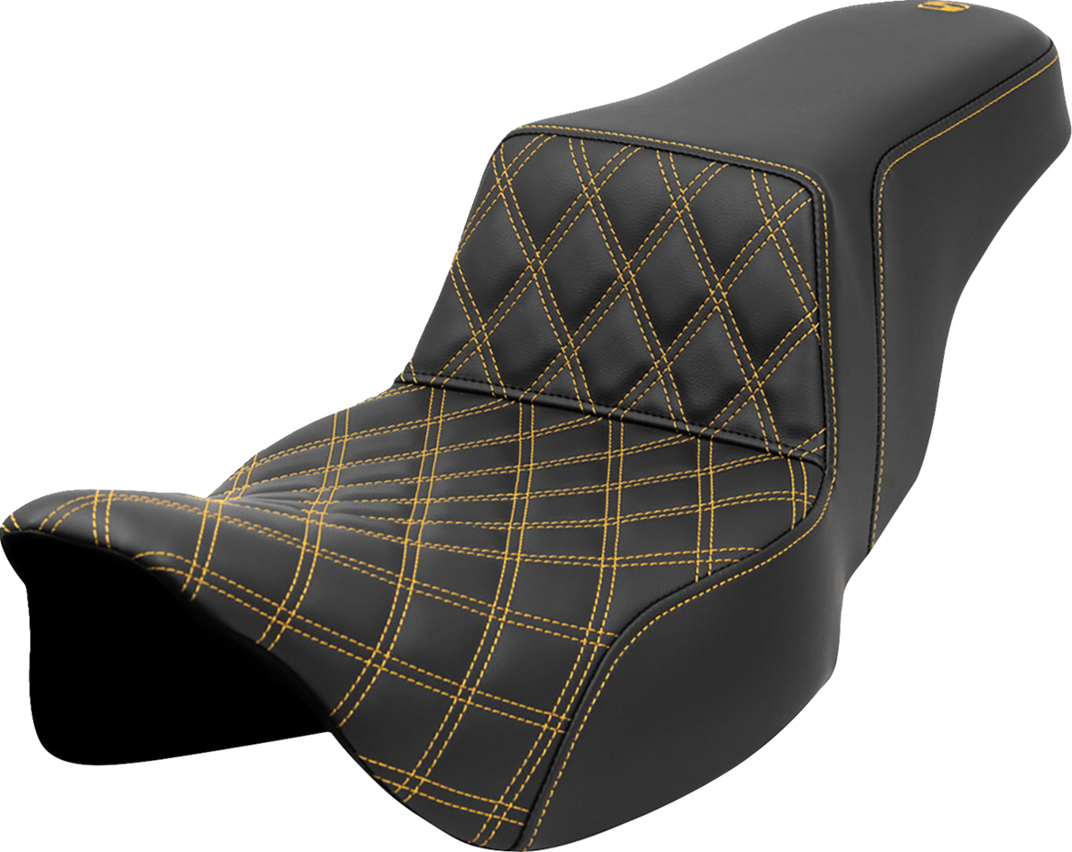 Saddlemen Step-Up Seat - Front Lattice Stitch - Gold Stitch - Extended Reach - FLH/FLT '08-'23