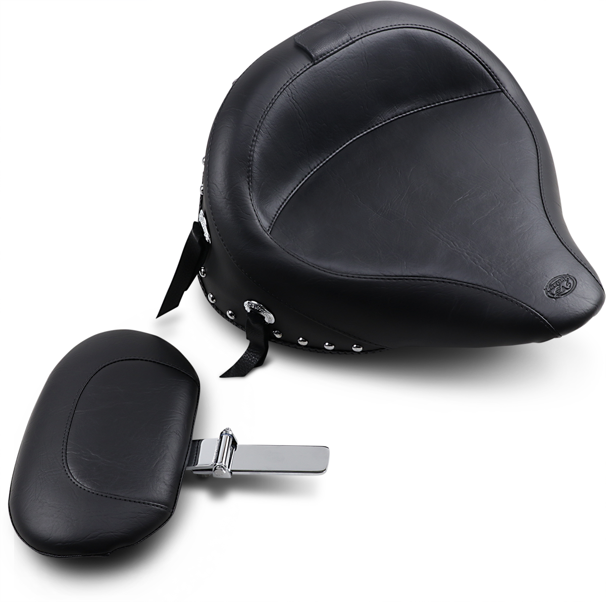 Mustang Wide Solo Seat - With Backrest - Black - Studded W/ Concho - Softail '84-'99