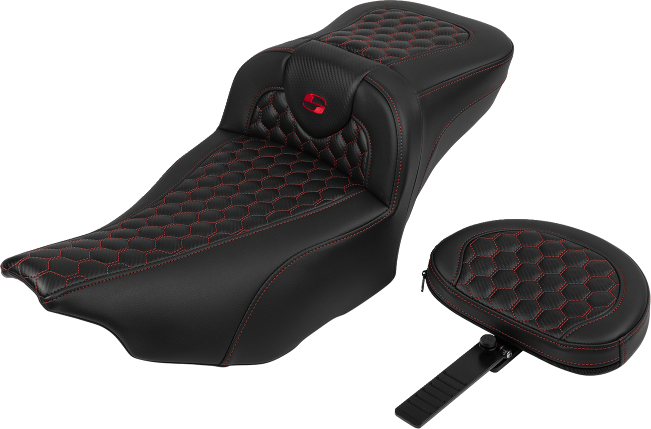 Saddlemen Roadsofa™ Extended Reach Seat - With Backrest - Honeycomb - Red Stitch - FLTR/FLHX '23-'24