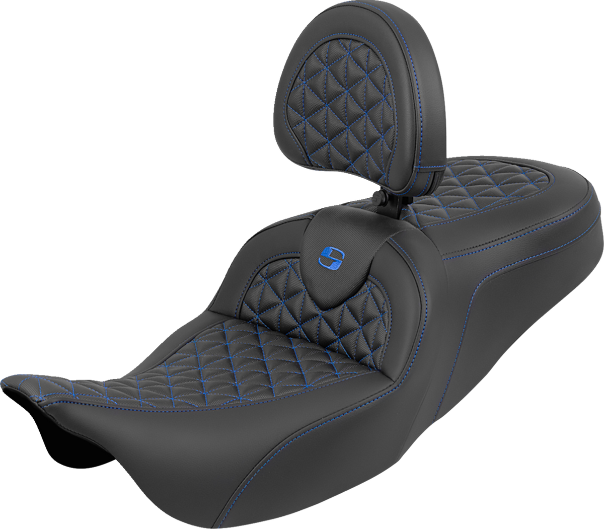 Saddlemen RoadSofa™ Tri Gripper Seat - Standard Reach - Blue Stitch - W/ Backrest - FLH/FLT '08-'25