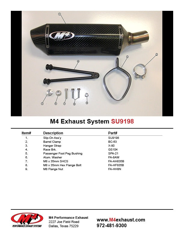 M4 Exhaust SU9198 Component Key