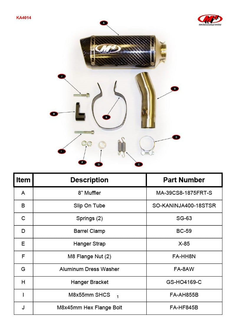 M4 Exhaust KA4014 Component Key