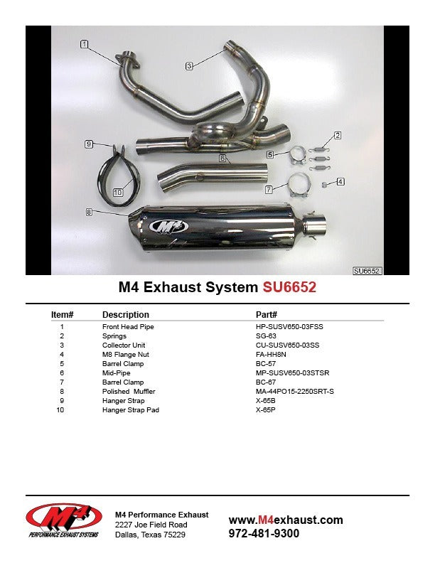 M4 Exhaust SU6652 Component Key