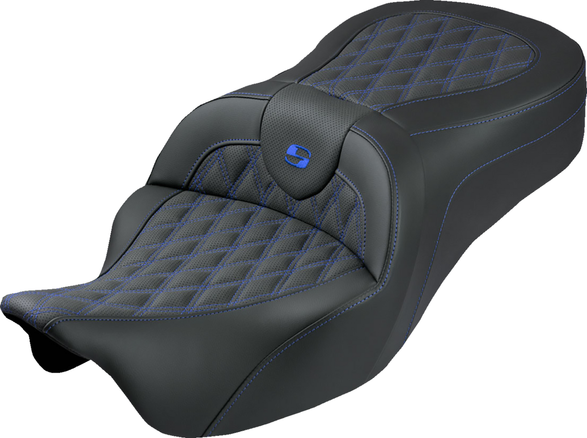 Saddlemen Roadsofa™ King Seat - No Backrest - Lattice Stitch - Blue Stitch - FLH/FLT '08-'25