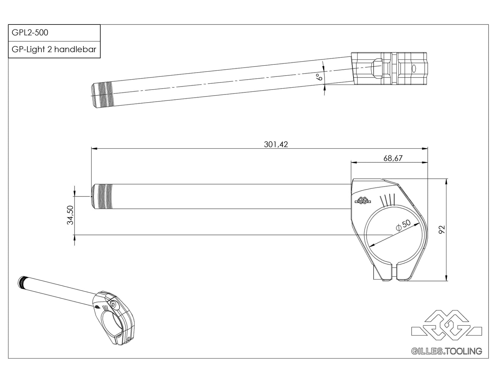Gilles Tooling Handlebars GP-LIGHT 2 500 Black