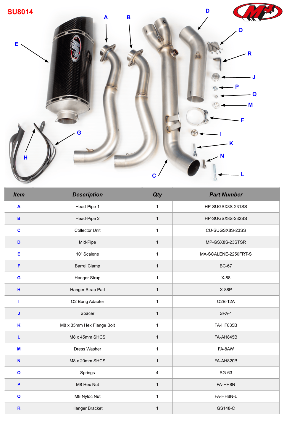 M4 Exhaust SU8014 Component Key