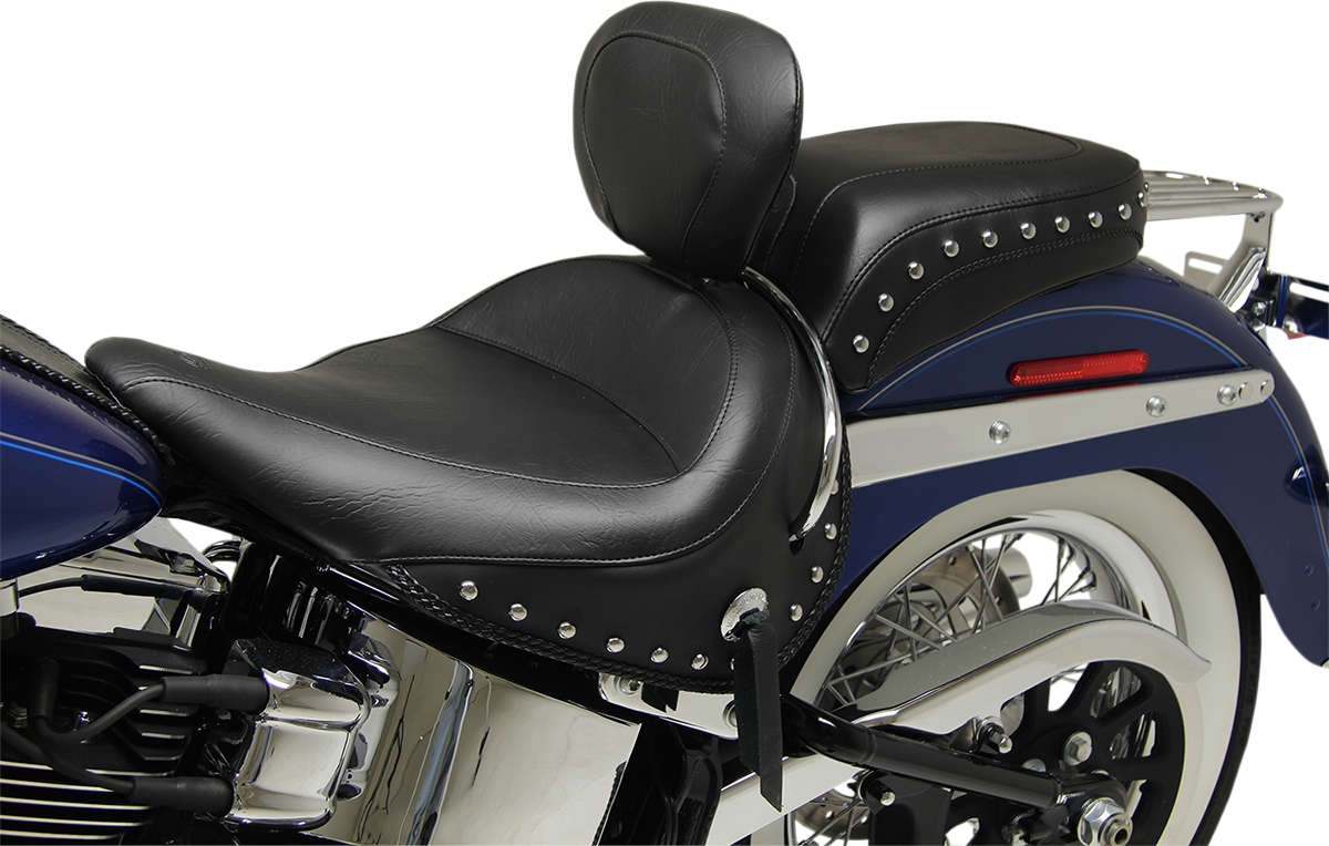 Mustang Wide Solo Seat - With Backrest - Black - Studded W/ Concho - FLSTN '05-'17