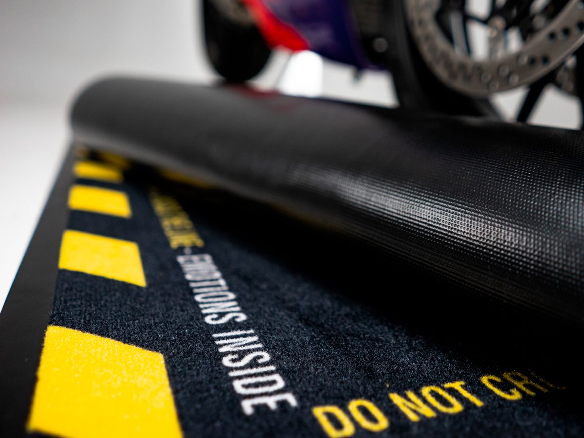ORIGINAL WRS RECTANGULAR MOTORCYCLE CARPET WITH LOGO AND YELLOW LINE