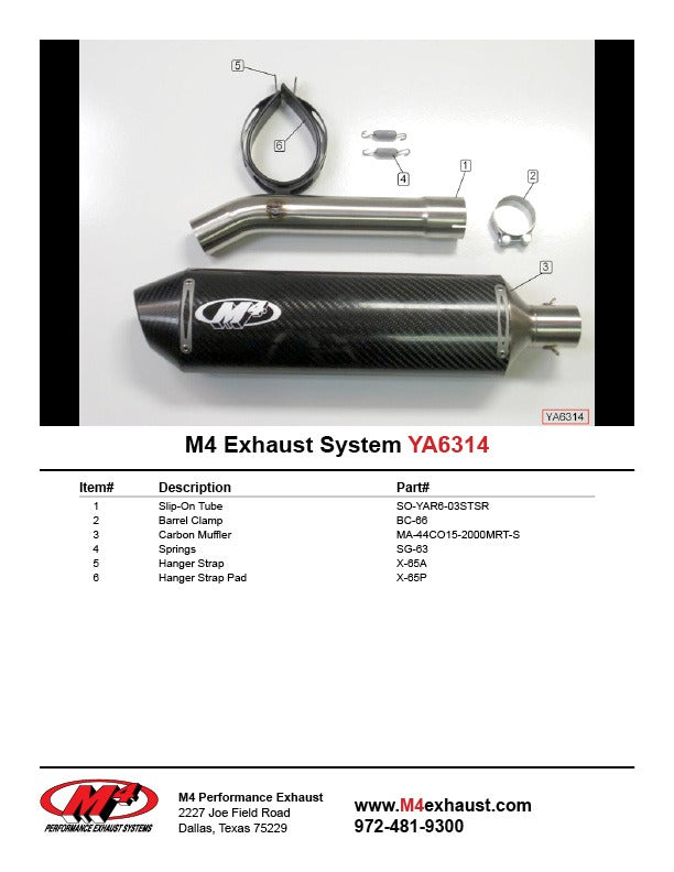 M4 Exhaust YA6314 Component Key