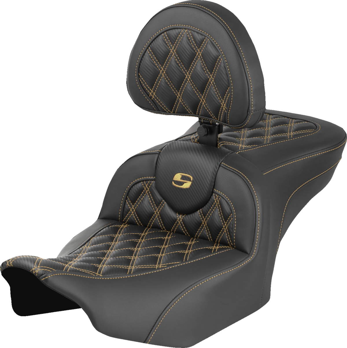 Saddlemen Roadsofa™ Seat - Carbon Fiber - With Backrest - Gold Lattice Stitch - FLH/FLT '23-'25