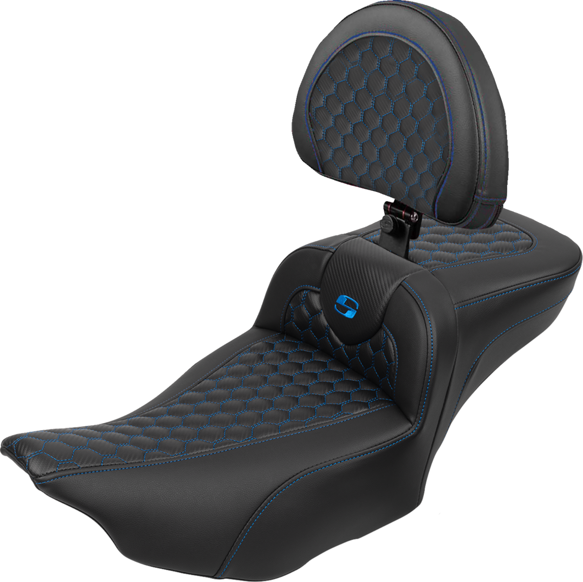 Saddlemen Roadsofa™ Extended Reach Seat - With Backrest - Honeycomb - Blue Stitch - FLTR/FLHX '23-'24