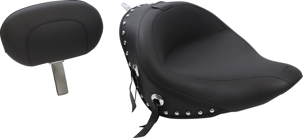 Mustang Wide Solo Seat - With Backrest - Black - Studded W/ Concho - Softail '06-'17