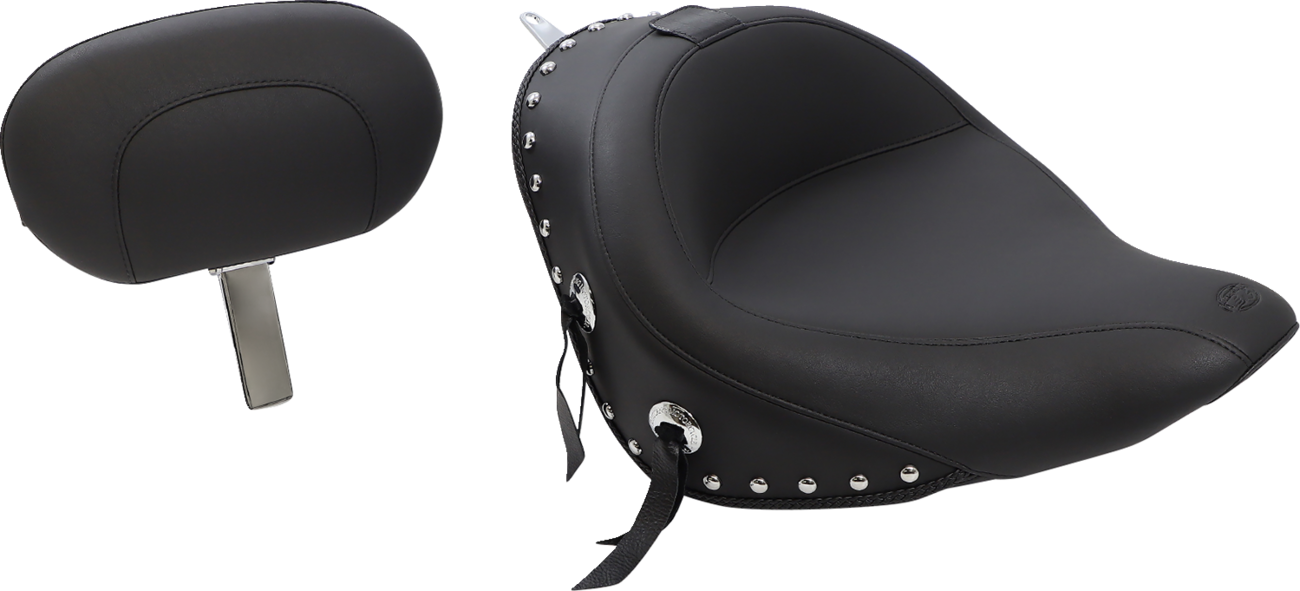 Mustang Wide Solo Seat - With Backrest - Black - Studded W/ Concho - Softail '06-'17