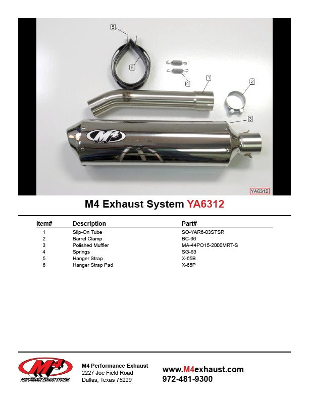 M4 Exhaust YA6312 Component Key