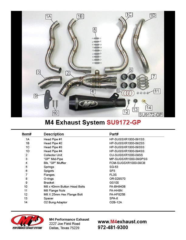 M4 Exhaust SU9172-GP Component Key