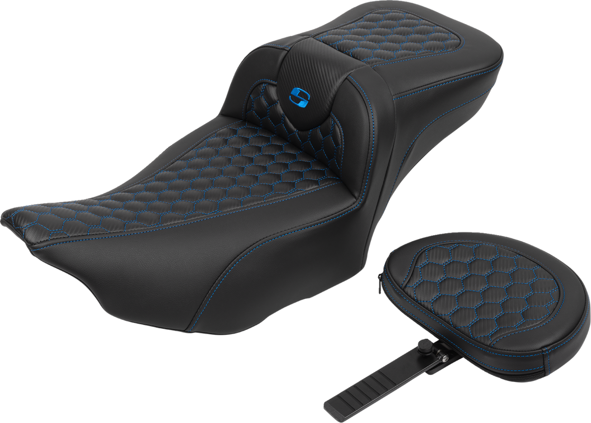 Saddlemen Roadsofa™ Extended Reach Seat - With Backrest - Honeycomb - Blue Stitch - FLTR/FLHX '23-'24