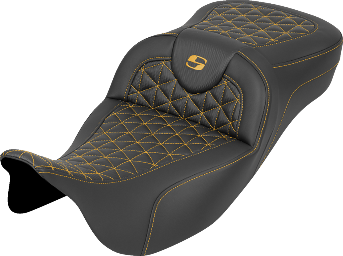 Saddlemen RoadSofa™ Tri Gripper Seat - Extended Reach - Gold Stitch - W/O Backrest - FLH/FLT '08-'25
