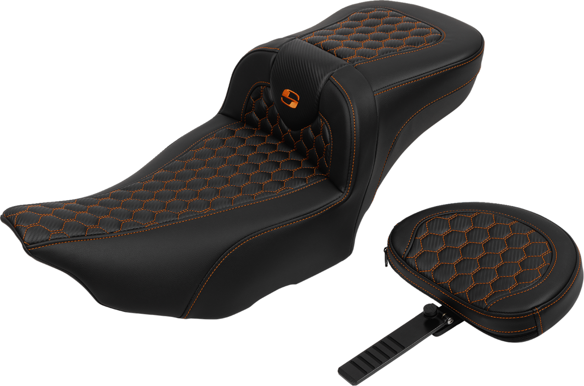 Saddlemen Roadsofa™ Extended Reach Seat - With Backrest - Honeycomb - Orange Stitch - FLTR/FLHX '23-'24