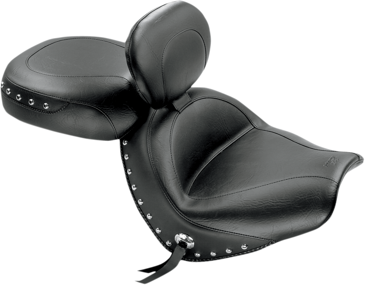 Mustang Seat - Wide Touring - With Driver Backrest - Two-Piece - Chrome Studded - Black W/Conchos