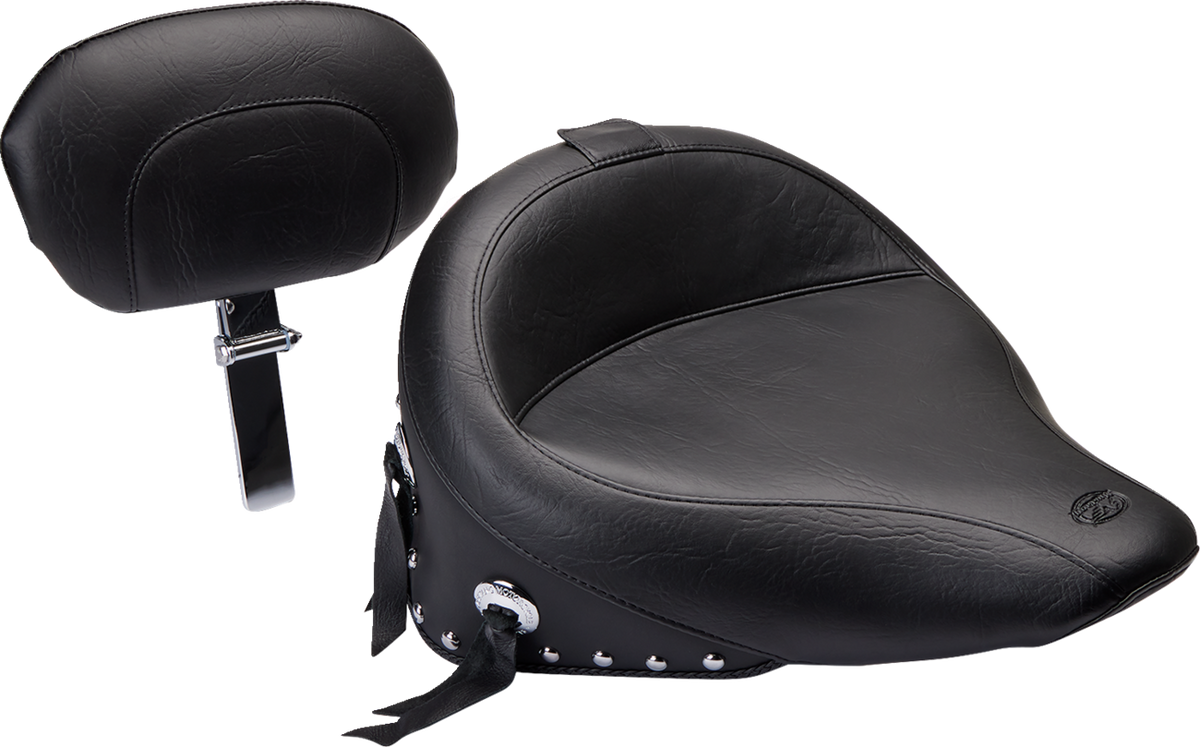 Mustang Wide Solo Seat - With Backrest - Black - Studded W/ Concho - FLST '00-'15