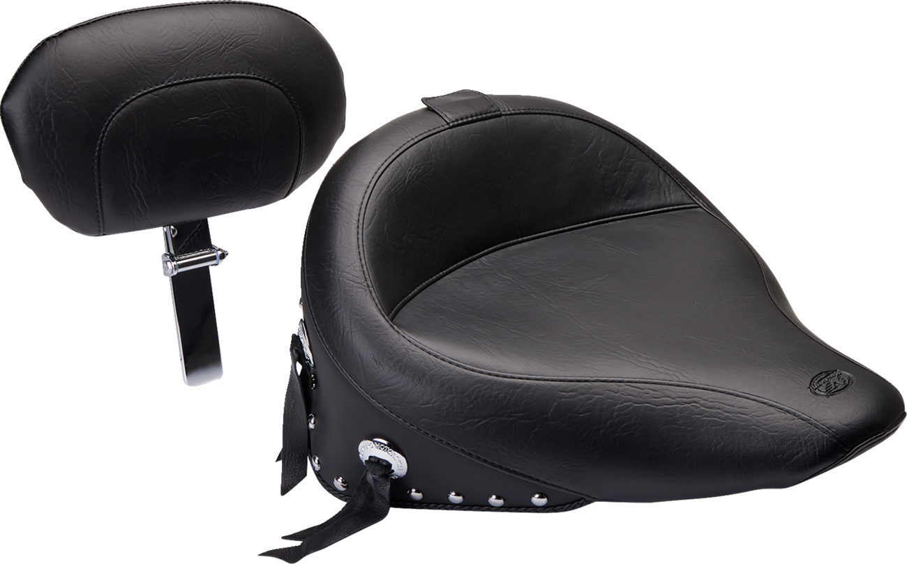 Mustang Wide Solo Seat - With Backrest - Black - Studded W/ Concho - FLST '00-'15
