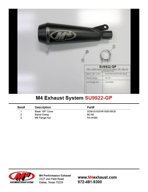 M4 Exhaust SU9922-GP Component Key