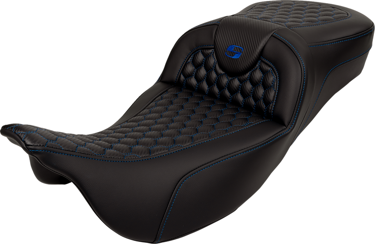 Saddlemen RoadSofa™ Seat - Honeycomb - Blue Stitch - Extended Reach - Without Backrest - FLH/FLT '08-'24