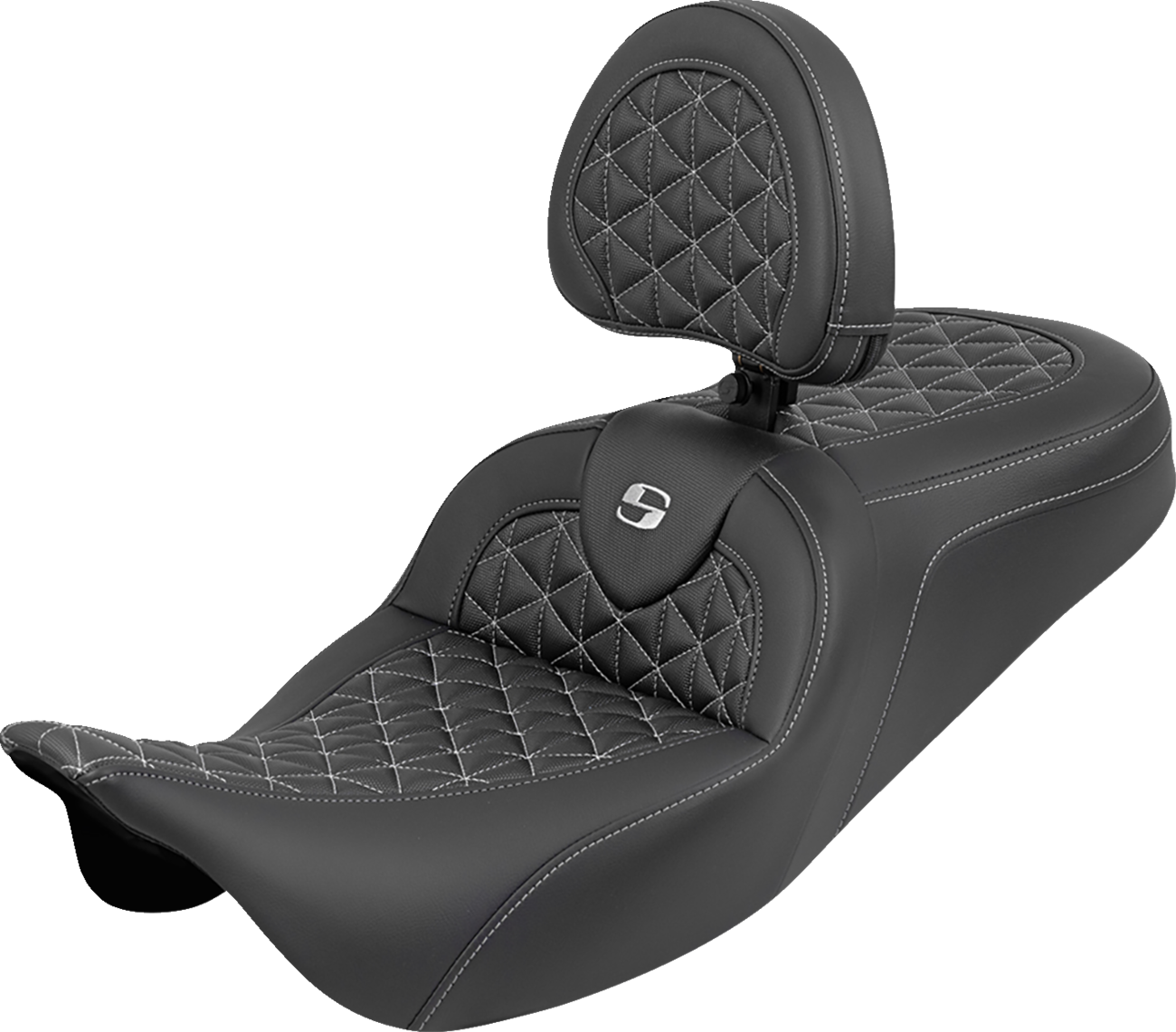 Saddlemen RoadSofa™ Tri Gripper Seat - Standard Reach - Silver Stitch - W/ Backrest - FLH/FLT '08-'25