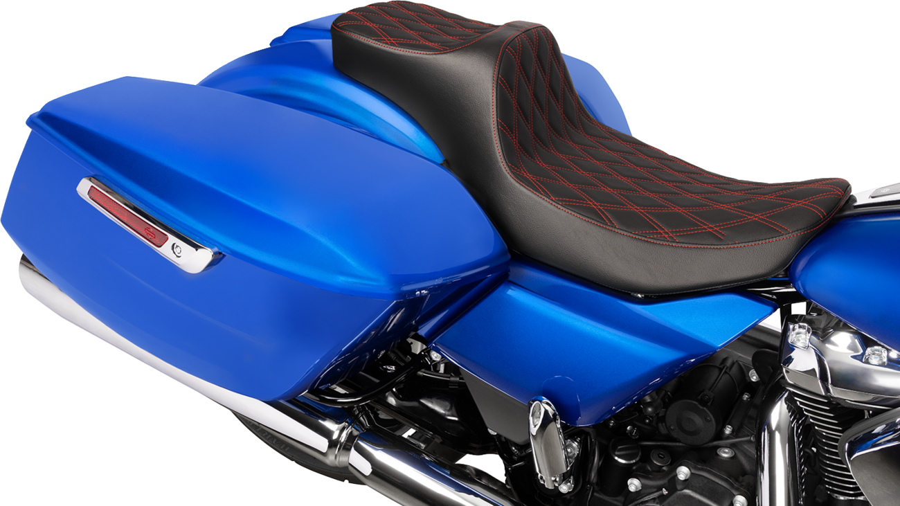 Drag Specialties Seats Extended Reach Predator III Seat - Double Diamond - Red Stitching - Vinyl - FLH/FLT '23-'24