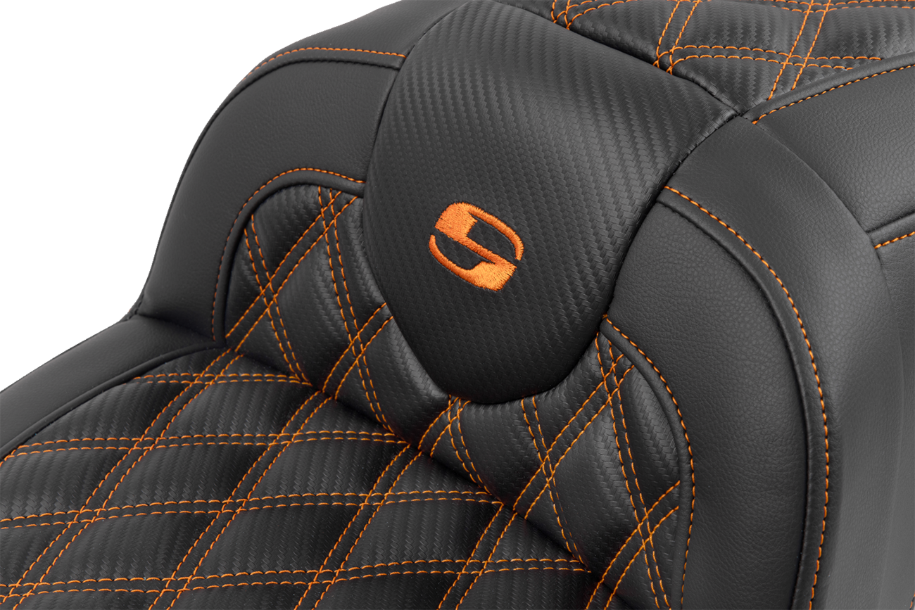 Saddlemen RoadSofa™ Seat - With Backrest - Carbon Fiber - Lattice Stitch - Orange Stitch - FLTR/FLHX '23-'24